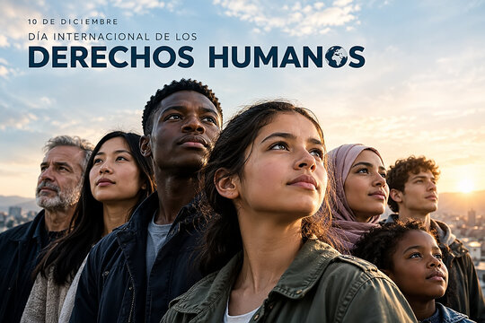 D&iacute;a Internacional de los Derechos Humanos, 10 de diciembre, personas de diferentes razas mirando al horizonte al atardecer, concepto de libertad, igualdad, dignidad, justicia social y futuro