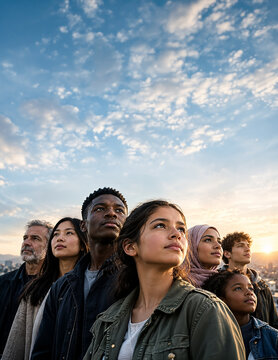 Personas de diferentes razas mirando al horizonte al atardecer, concepto de libertad, igualdad, dignidad, justicia social y futuro. D&iacute;a Internacional de los Derechos Humanos, 10 de diciembre