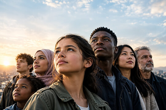 Personas de diferentes razas mirando al horizonte al atardecer, concepto de libertad, igualdad, dignidad, justicia social y futuro. D&iacute;a Internacional de los Derechos Humanos, 10 de diciembre