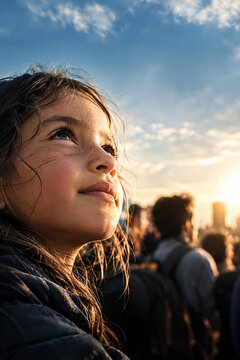 Ni&ntilde;a mirando al horizonte entre una multitud al atardecer, concepto de libertad, igualdad, dignidad, justicia social y futuro. D&iacute;a Internacional de los Derechos Humanos, 10 de diciembre