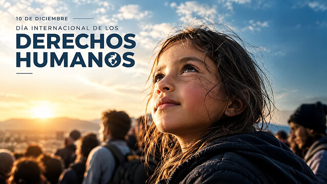 D&iacute;a Internacional de los Derechos Humanos, 10 de diciembre, ni&ntilde;a mirando al horizonte entre una multitud al atardecer, concepto de libertad, igualdad, dignidad, justicia social y futuro