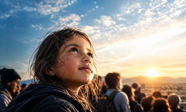 Ni&ntilde;a mirando al horizonte entre una multitud al atardecer, concepto de libertad, igualdad, dignidad, justicia social y futuro. D&iacute;a Internacional de los Derechos Humanos, 10 de diciembre