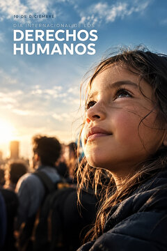 D&iacute;a Internacional de los Derechos Humanos, 10 de diciembre, ni&ntilde;a mirando al horizonte entre una multitud al atardecer, concepto de libertad, igualdad, dignidad, justicia social y futuro