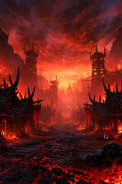 Classic fantasy orc outpost with wooden fortifications, tusk architecture and red banners