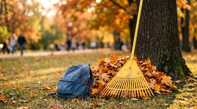 Yellow garden rake leaning against a tree with a pile of autumn leaves and a backpack