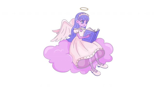 Cute anime-style chibi angel reading book on fluffy cloud 2D character animation. Magical dreamy fantasy. Kawaii girl with halo and wings turning pages animated person cartoon 4K video on transparent