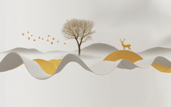 Minimalist digital landscape illustration featuring a golden deer and tree on hills