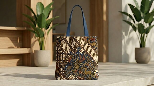 Elegant tote bag with intricate batik pattern displayed on a wooden bench with lush green plants