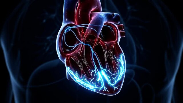 3D Animation of Human Heart's Electrical Conduction System with Glowing Impulse, Illustrating Cardiac Rhythm and Physiology in Healthcare and Science