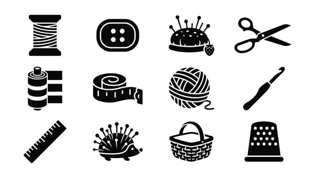 Set of sewing and crafting tools icons with transparent background