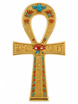 big golden egyptian ankh with turquoise scarab