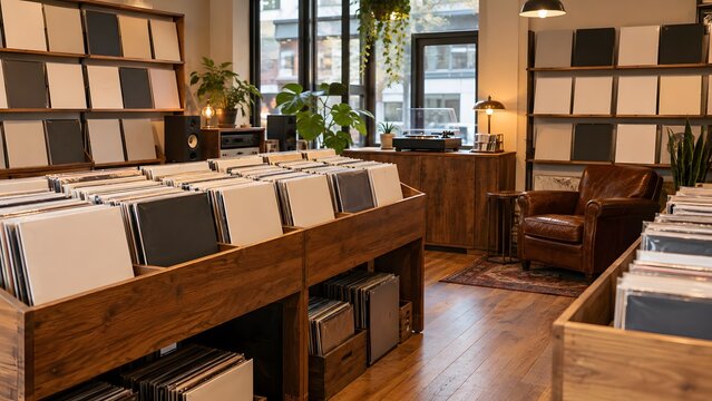 Independent vinyl record store interior with browsing bins