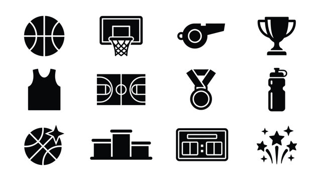 Set of twelve black and white basketball sports icons with transparent background