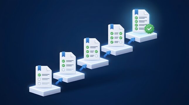 Checklist progress steps with completed tasks and approval badge representing successful task completion and workflow advancement