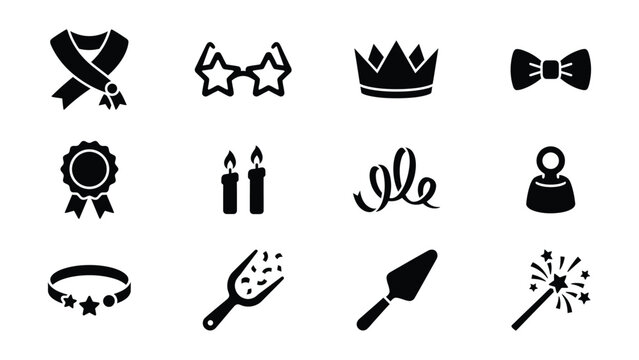 Set of twelve black line icons representing celebration and achievement symbols