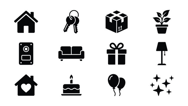 Set of twelve minimalist icons representing home lifestyle and celebration items