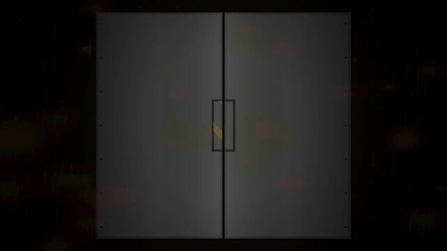 Sliding doors opening revealing magical glowing light and particles with mystical ambiance