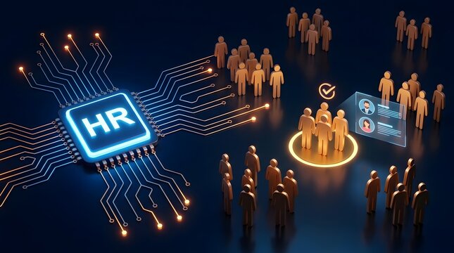 Digital HR technology processing human resources data and managing employee profiles with a futuristic circuit board and people icons