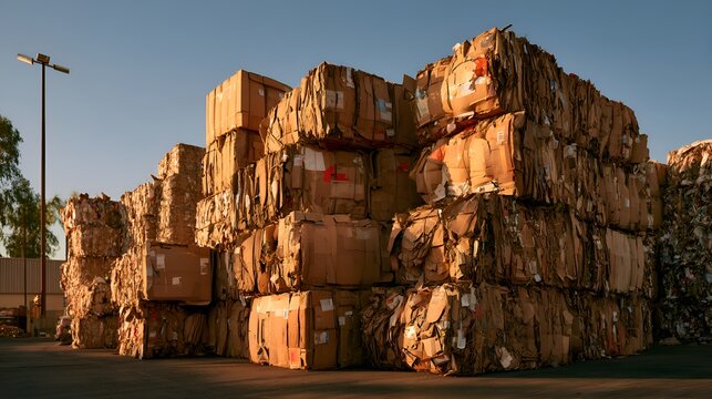 Large stacks of compressed cardboard bales at a recycling facility under a clear sky