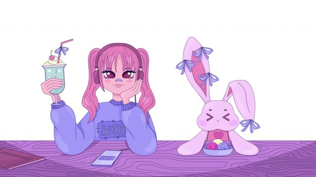 Winking headphones anime girl with soda float and bunny eating ice cream 2D characters animation. Cute rabbit plush toy. Kawaii teenager listening to music animated person cartoon 4K video