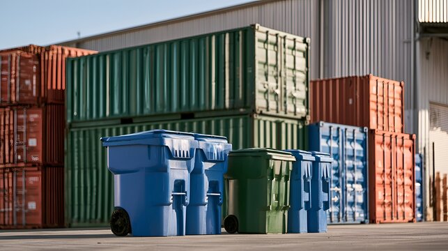 Row of colorful plastic trash cans and recycling bins in front of stacked shipping containers