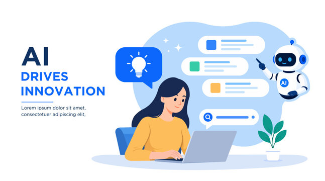 AI technology vector illustration showing a woman using a laptop to explore work ideas, assisted by an AI robot pointing to digital icons, data, and productivity information. flat design