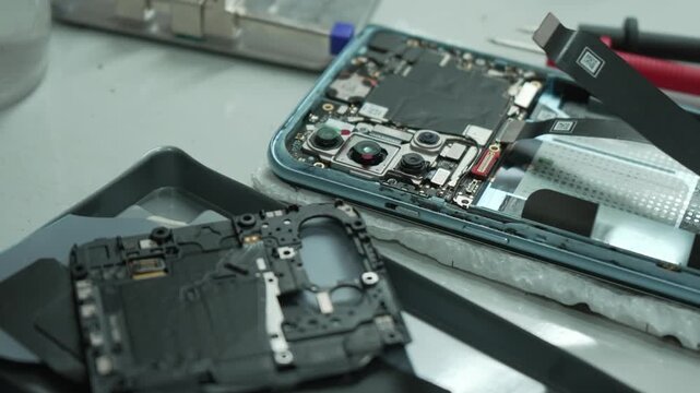 Smartphone repair and diagnostic testing with multimeter and internal components