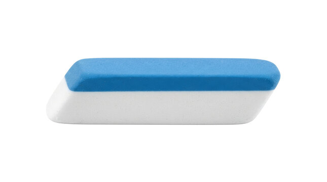 Blue and white rubber pencil eraser for correcting mistakes. Educational supply for school, office, or art studio use. Essential tool for writing and drawing projects.