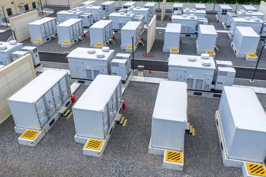 Overhead view of large outdoor substation transformer equipment arrays