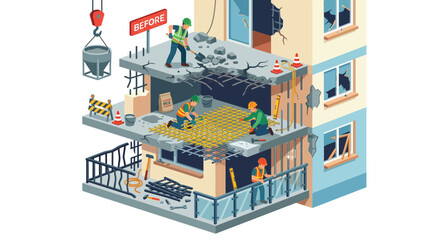 Obraz premium Building Renovation Construction Site Isometric View