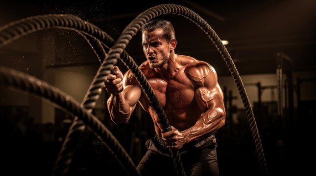 A muscular man intensely exercises with heavy battle ropes in a dimly lit gym, showcasing strength and determination.
