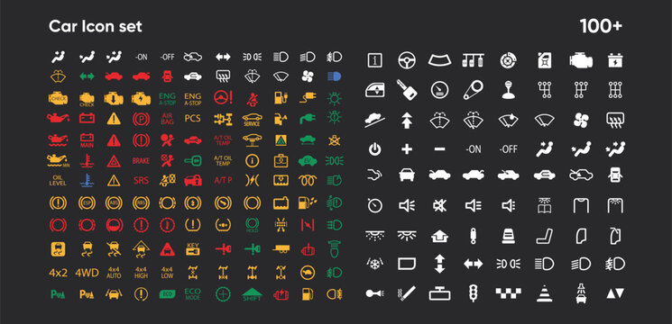 Automotive dashboard icon set. Warning lights, indicator control symbols. Driving safety manuals, Vehicle instrument cluster designs, mechanic workshop transportation icons
