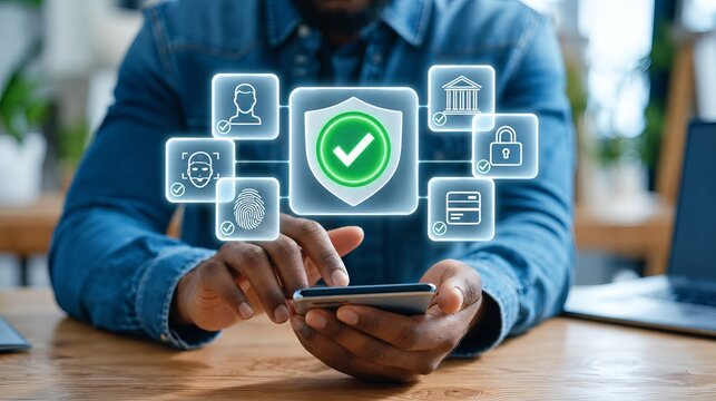Business professional using smartphone with glowing digital identity verification and cybersecurity icons, secure mobile banking concept in modern office