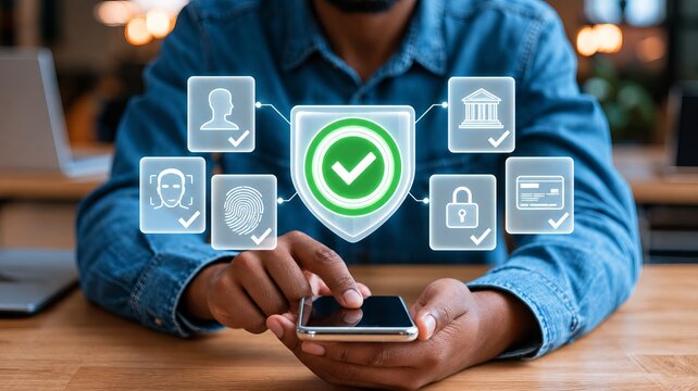 Business professional using smartphone with glowing digital identity verification and cybersecurity icons, secure mobile banking concept in modern office