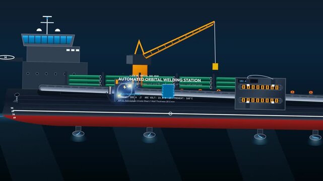 3D animation explaining the S-Lay subsea offshore pipeline installation process featuring a pipelay vessel, stinger truss boom, catenary sagbend, and seabed touchdown point with an ROV