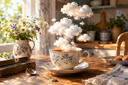 A cup of tea from which small clouds rise instead of steam