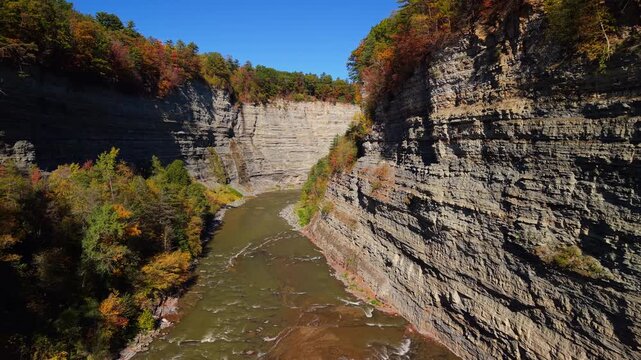 Autumn River Between Layered Cliffs in Letchworth State Park