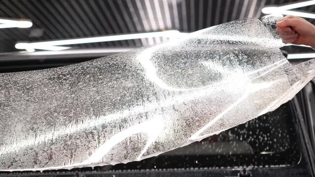 Master installs a protective transparent polyurethane film on a car windshield, before application copiously wetting it with a soapy mixture. Clear wrap protects glass from stone chips, scratches, UV.