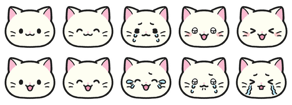 白猫のキャラクターの顔アイコンセット