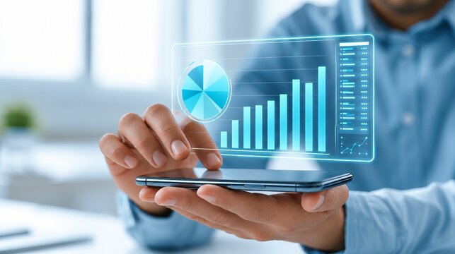 Business professional using smartphone with glowing blue analytics dashboard, rising bar chart and pie chart in modern office