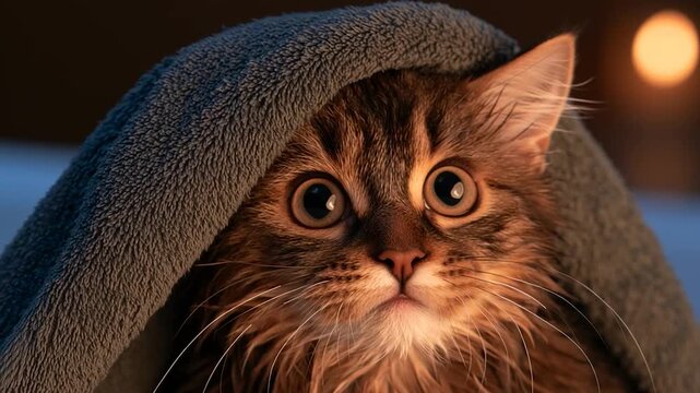 Fluffy kitten nestled in soft blanket