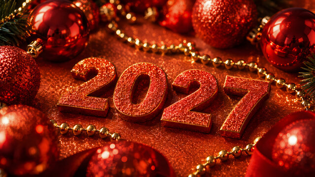 Glittering red numbers representing the year 2027 placed on a shiny sparkling surface surrounded by festive holiday ornaments and golden beaded strings for a beautiful seasonal new year creative conce