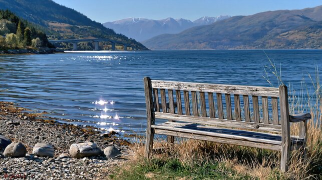 Misty fjord with old bench in a textured Nordic landscape