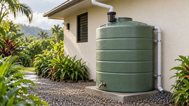 Residential rainwater harvesting tank beside tropical home