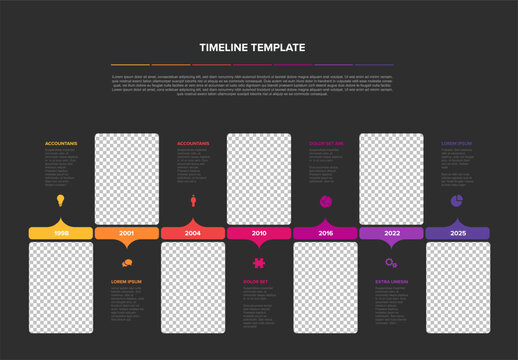 This modern infographic timeline template presents milestones with photo placeholders. Use this versatile timeline template infographic for your corporate history presentation.