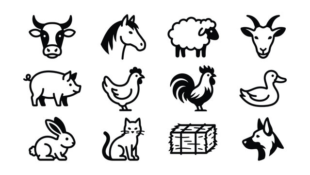 Black and White Line Art Icons of Farm and Barnyard Animals Collection