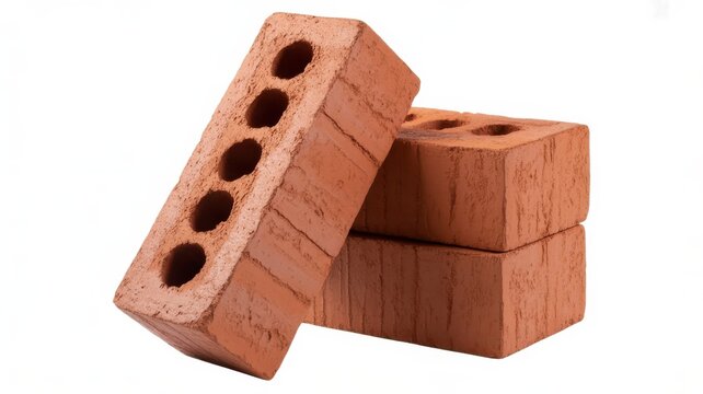 Three red clay bricks stacked together isolated on a white background for construction
