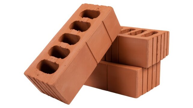 Three red clay bricks stacked together isolated on a white background