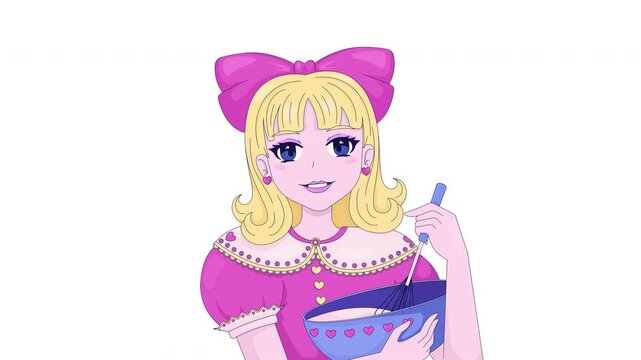 Cute anime blonde girl whisking batter in mixing bowl 2D character animation. Retro shoujo pastry chef with pink bow stirring ingredients animated person cartoon 4K video on transparent background