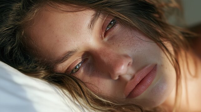 International Dysautonomia Awareness Month:a young woman resting her head against a pillow, eyes half-closed with an expression of exhaustion and fatigue, pale soft skin tone